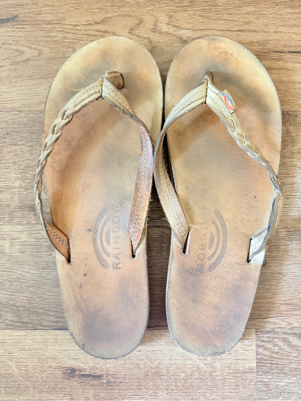 Rainbow Braided Leather Sandals in Tan